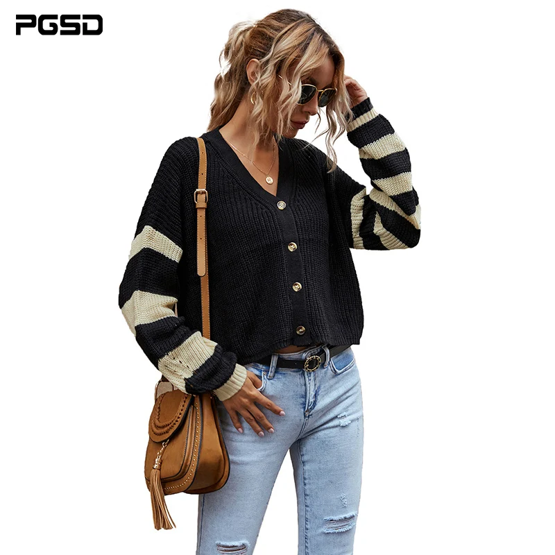 

PGSD Autumn winter women blouses fashion 2020 Sweater Cardigans V-neck Long Sleeve Striped single breasted black knittied top