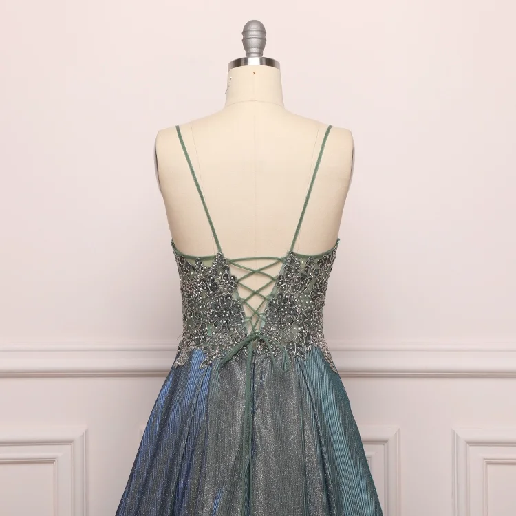 

New Shinny Sequin Bead Applique V-neck Evening Dress Spaghetti Straps Illusion Top Lace-up A-line Prom Dress