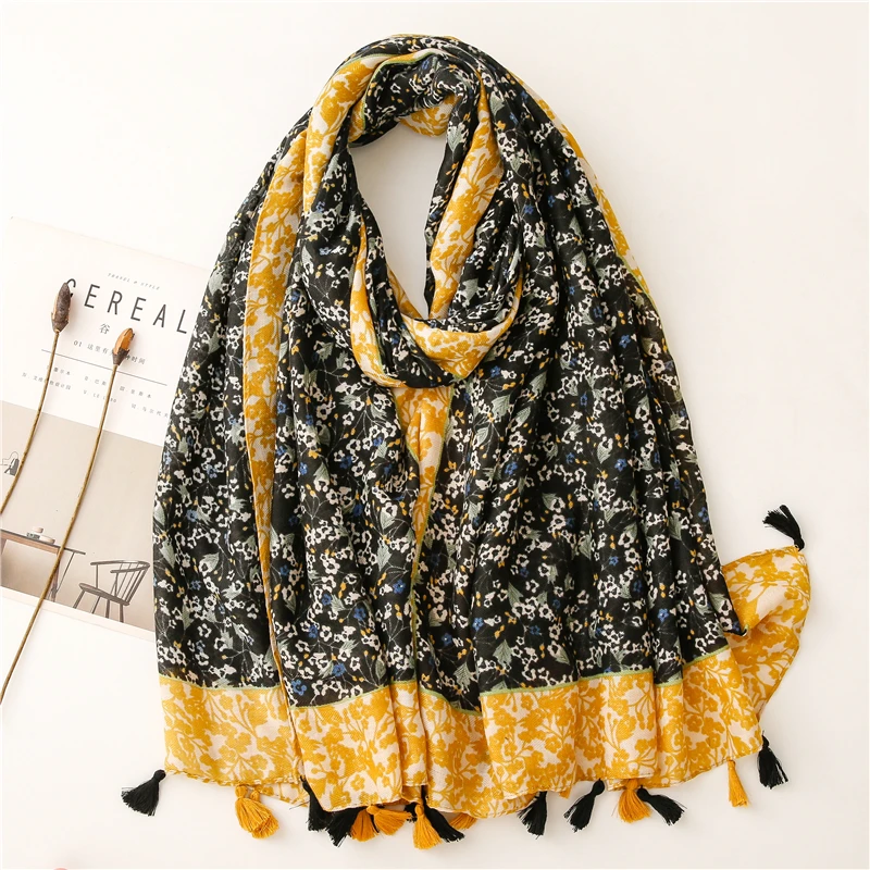 

Muslim Hijab 180*90Cm New Fashion Luxury Brand Bohemian Floral Tassel Viscose Shawl Scarf Lady High Quality Wrap Pashmina Stole