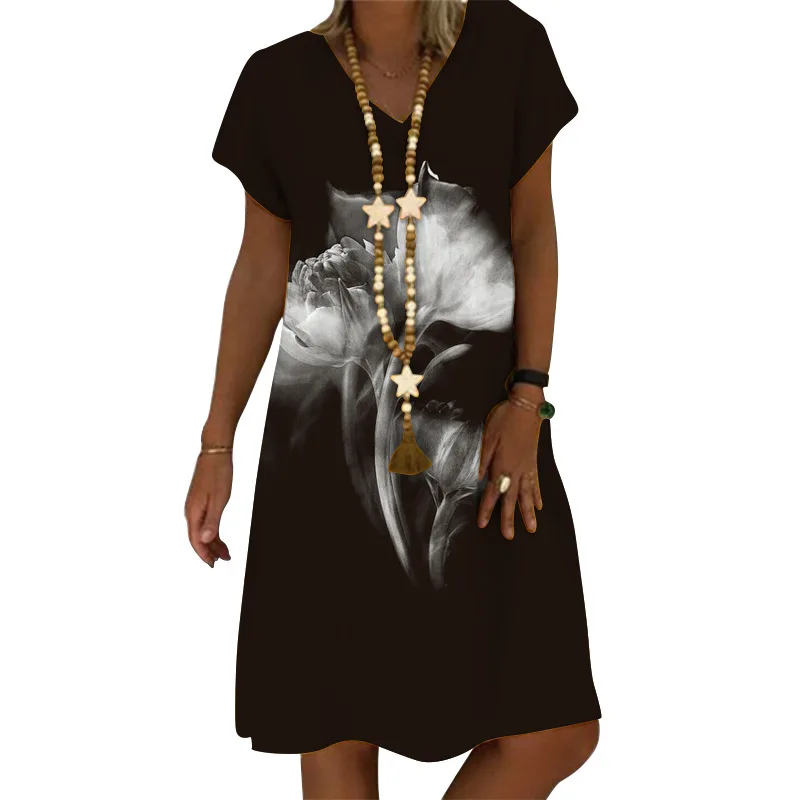 

Large Size Women 2021 new Short-sleeved 3D digital print tank dress lady elastic waist Big pendulum Irregular mid length-skirt