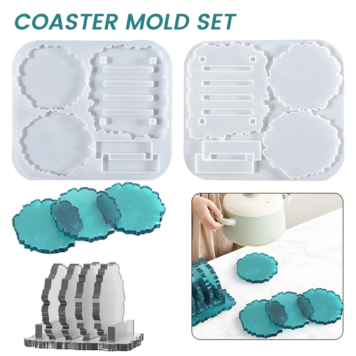 

Coaster Resin Mold Set Epoxy Stand Holder DIY Tabletop Cup Mat with Silicone Heat Insulation Pad for Making Home Decor