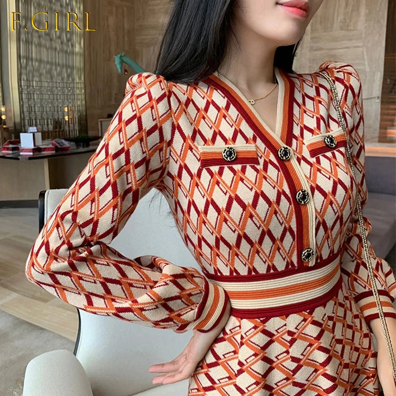 

2021Fashion New Autumn Winter Vintage Dress V Neck Long Sleeve Geometric Pattern Knit Sweater A-line Dress French Gentle Sweet