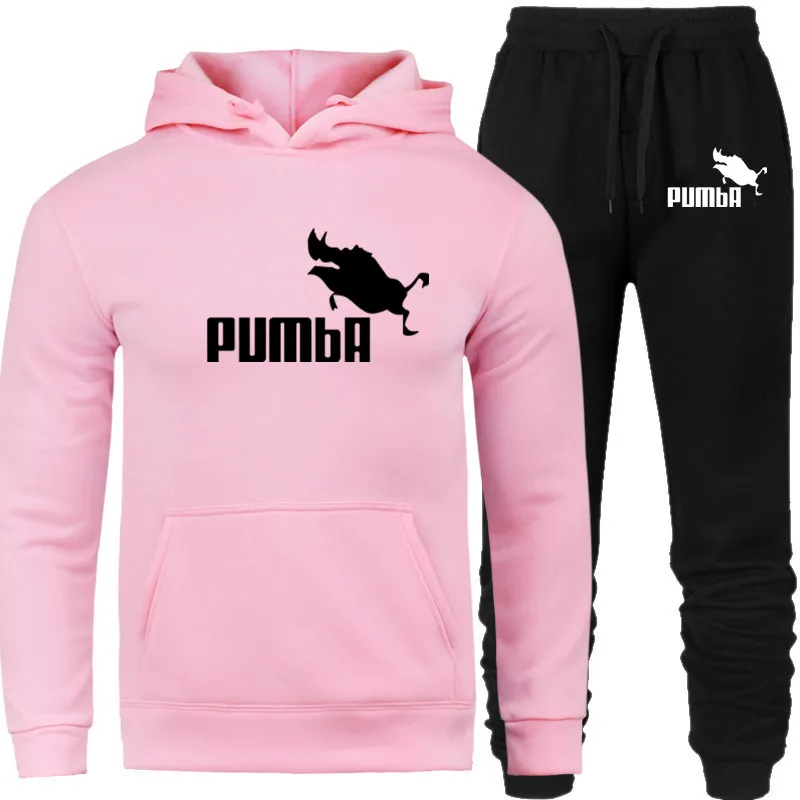 PUMBA, новая мода, мужские толстовки, костюмы, брендовый спортивный костюм для мужчин/женщин, толстовки+ спортивные штаны, Осень-зима, флисовый пуловер с капюшоном - Цвет: pink