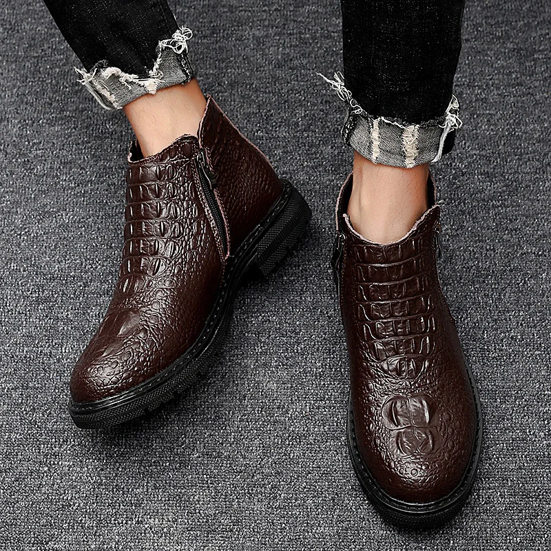 

High Quality Leather Business Men's Boots Autumn Winter Warm Fur Snow Boots Crocodile Pattern Men Ankle Boots Men's Shoes 38-46