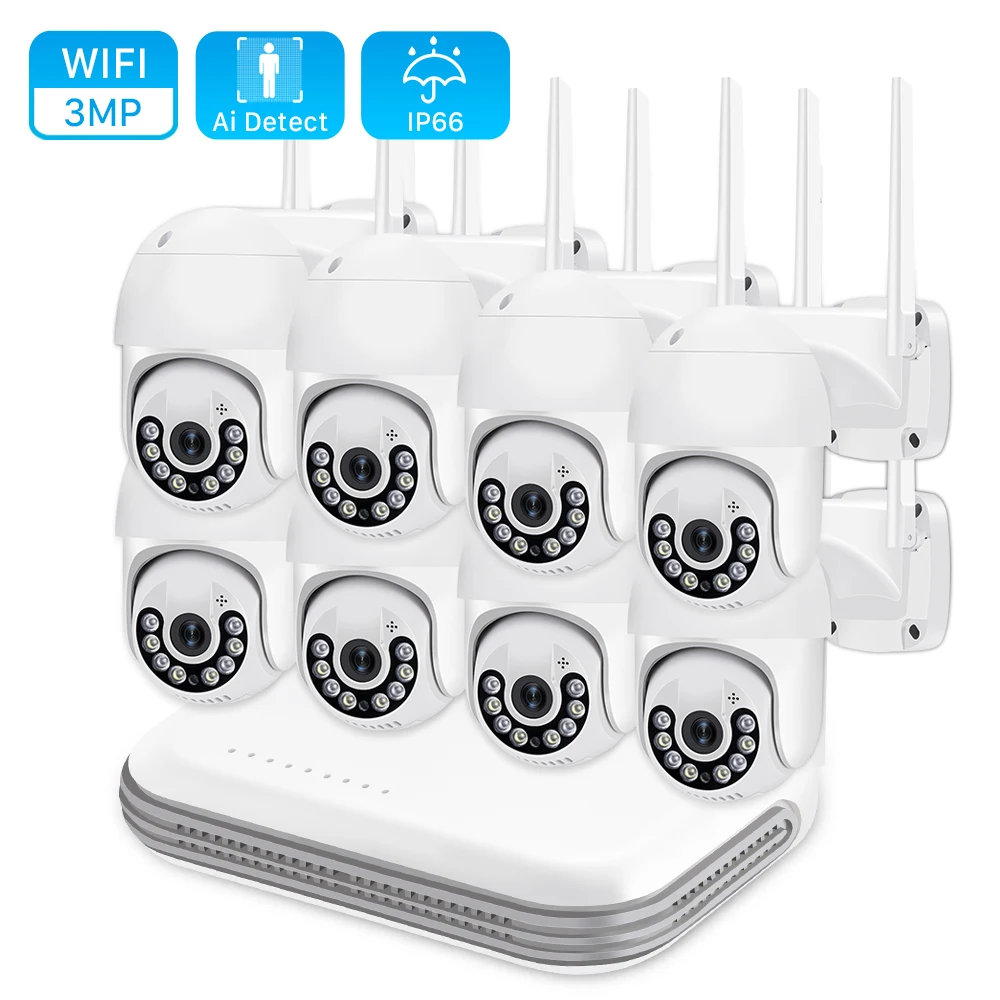 

H.265 8CH 3MP Audio WIFI PTZ CCTV System Human Detection Waterproof Security IP Camera P2P NVR Wireless Video Surveillance Kit