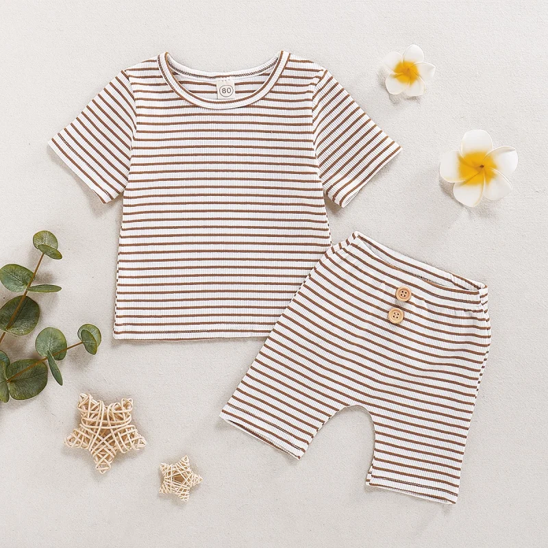 

Cotton Girls Clothing Sets Summer Vest Two Piece Suits Pit Strips Cotton Striped Short Sleeve Two-piece Suit Summer