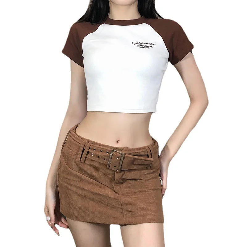 

Vintage Tshirt 2021 Summer Women's Letter Print T-shirt Casual Fashion Hit Shoulder Sleeves Round Collar Exposed Umbilical Top