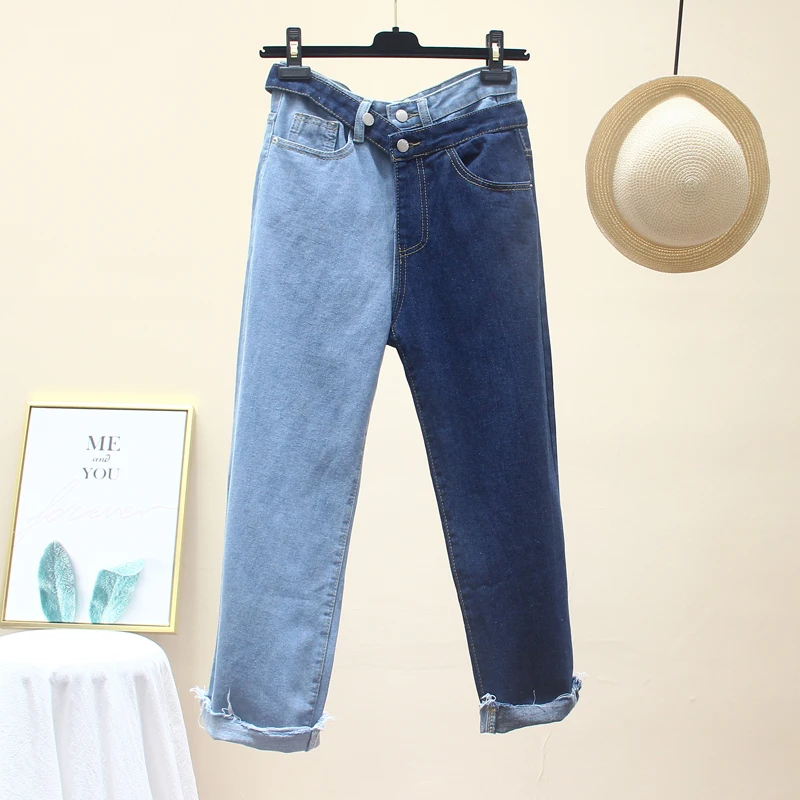Женские джинсы прямые узкие брюки с высокой талией рваные для мам свободные