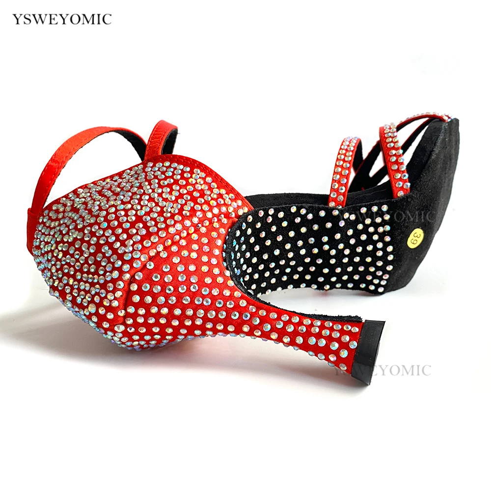 Women Dance Shoes 2021 New Summer Salsa Passion Style Red Satin Rhinestones on Sole 10cm to 5cm Customized Dance Shoes Latin