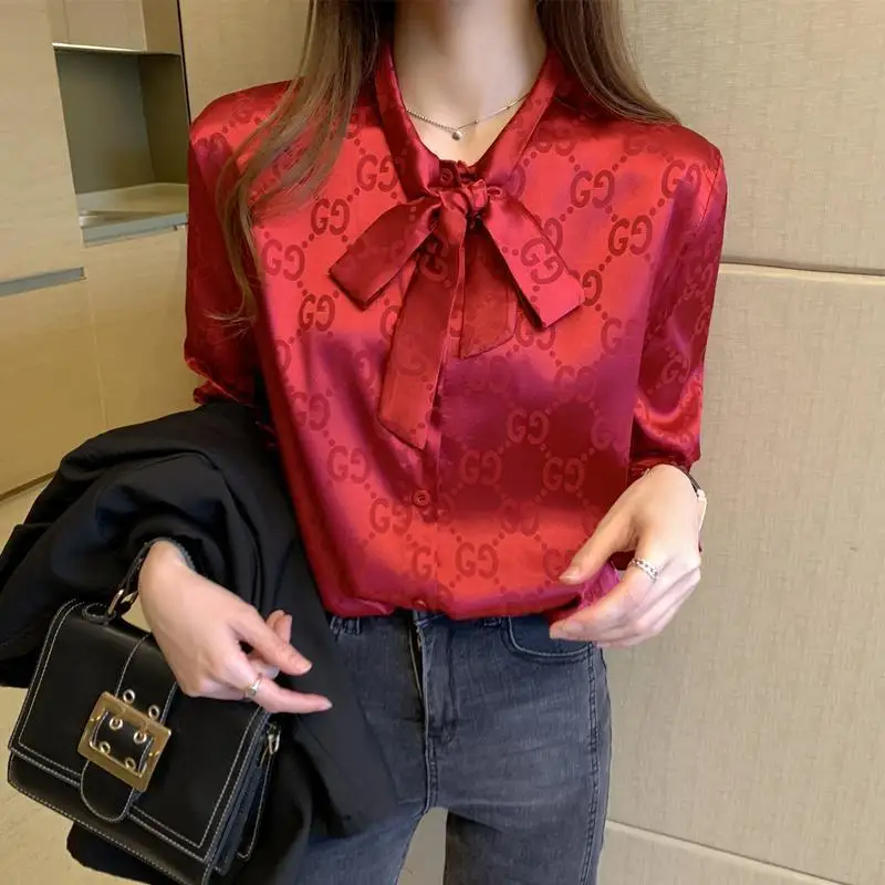

Early Spring 2021 Retro New Long Sleeve Satin Drape Top Bow Temperament Thin Print Women's Shirt