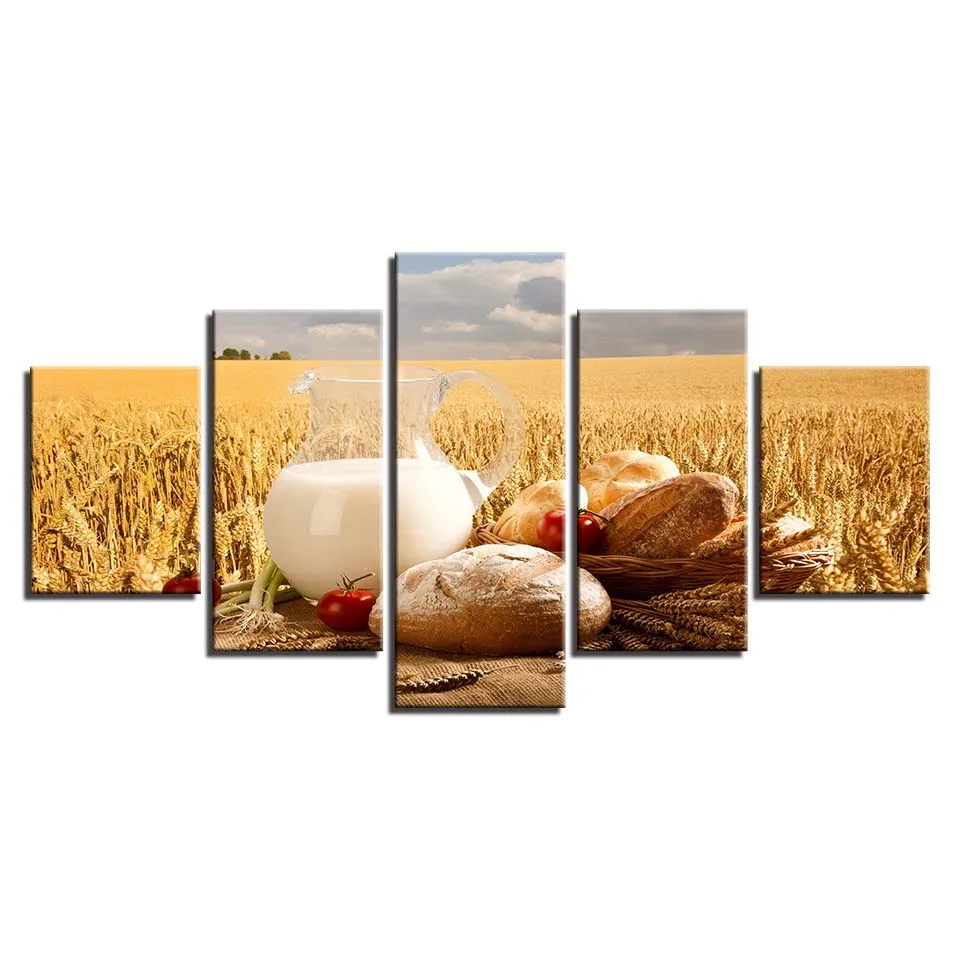 

HD Modern Wall Art Posters Pictures Home Decoration 5 Panel Straw Milk Bread Living Room Printed Painting On Canvas Frame