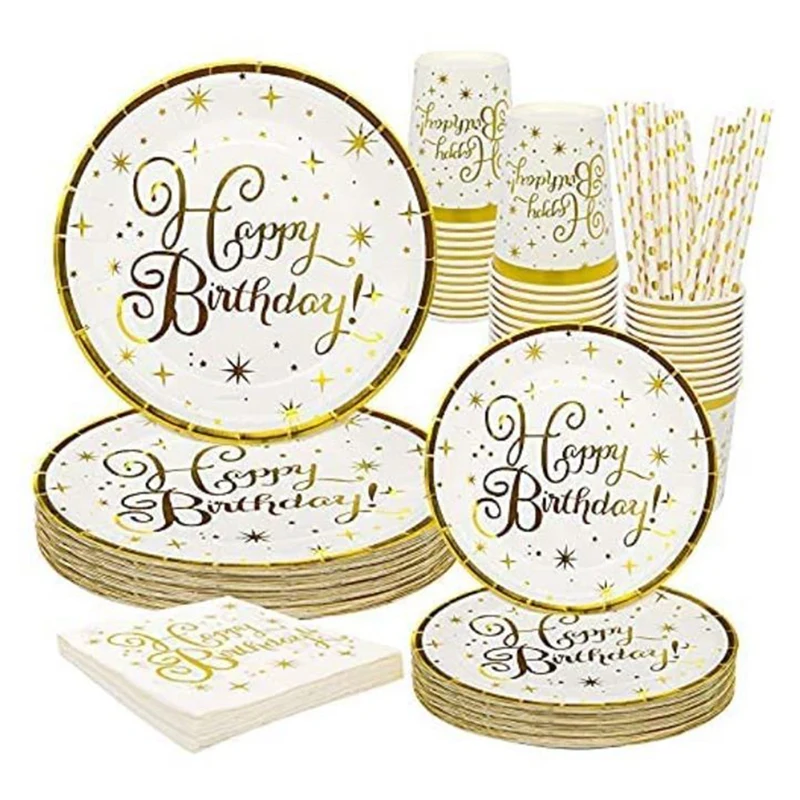 

150 Pcs Happy Birthday Party Tableware,Birthday Disposable Tableware Paper Cups Paper Plates Napkins Paper Tableware Set