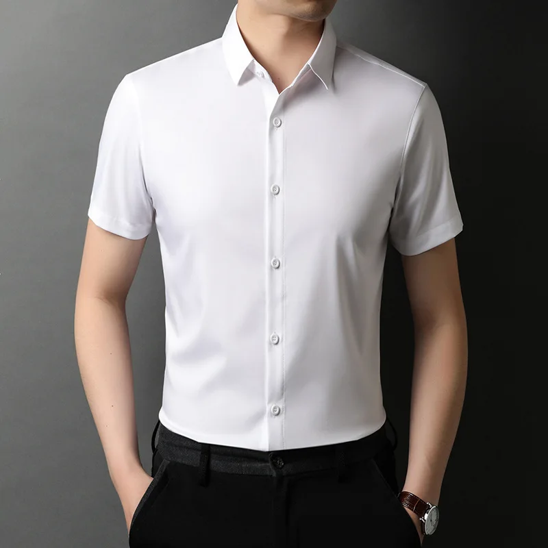 

2021 summer new men's solid mulberry silk short sleeve shirt casual middle-aged fashion men's wear 369