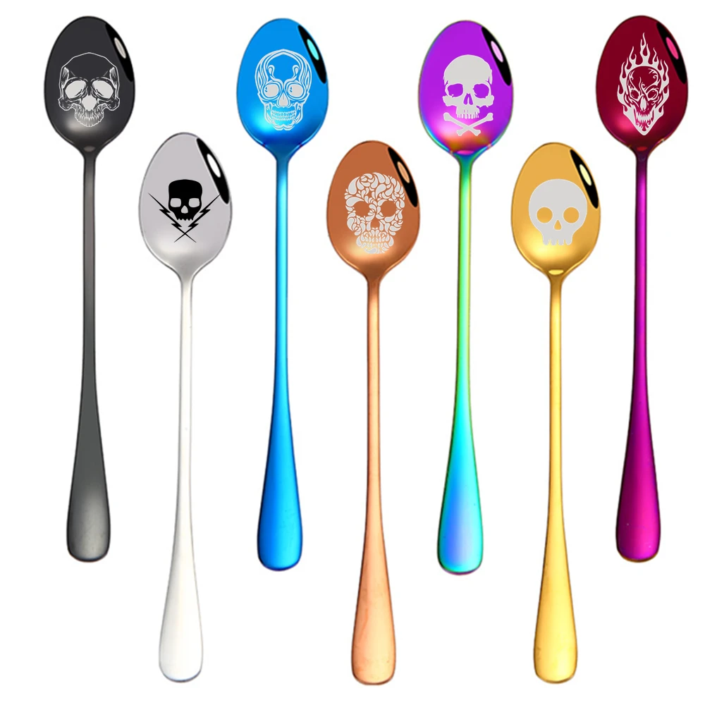 Кофейная ложка из нержавеющей стали с лазерной гравировкой черепа длинные