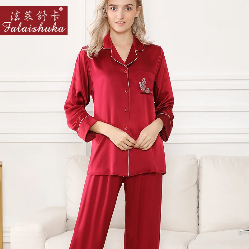 Silk Pajamas Set Women Red 2020 Spring Summer New Homewears Silk Stain Emboridery Couple Sleepwear For Women Ladies Pajama Set
