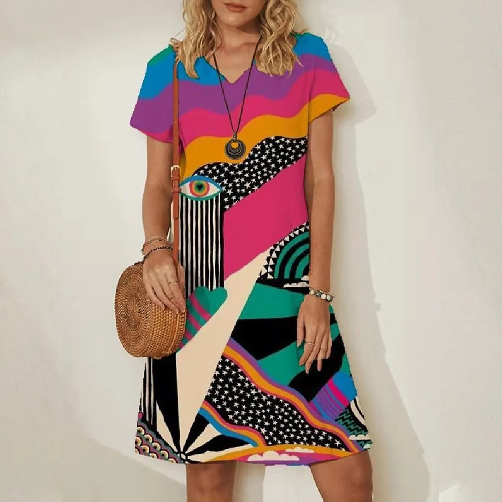 

40#Abstract Print Women Dress Casual Elegant Short Sleeve V-neck Loose Knee-Length Dresses Summer Plus Size Dresses vestidos