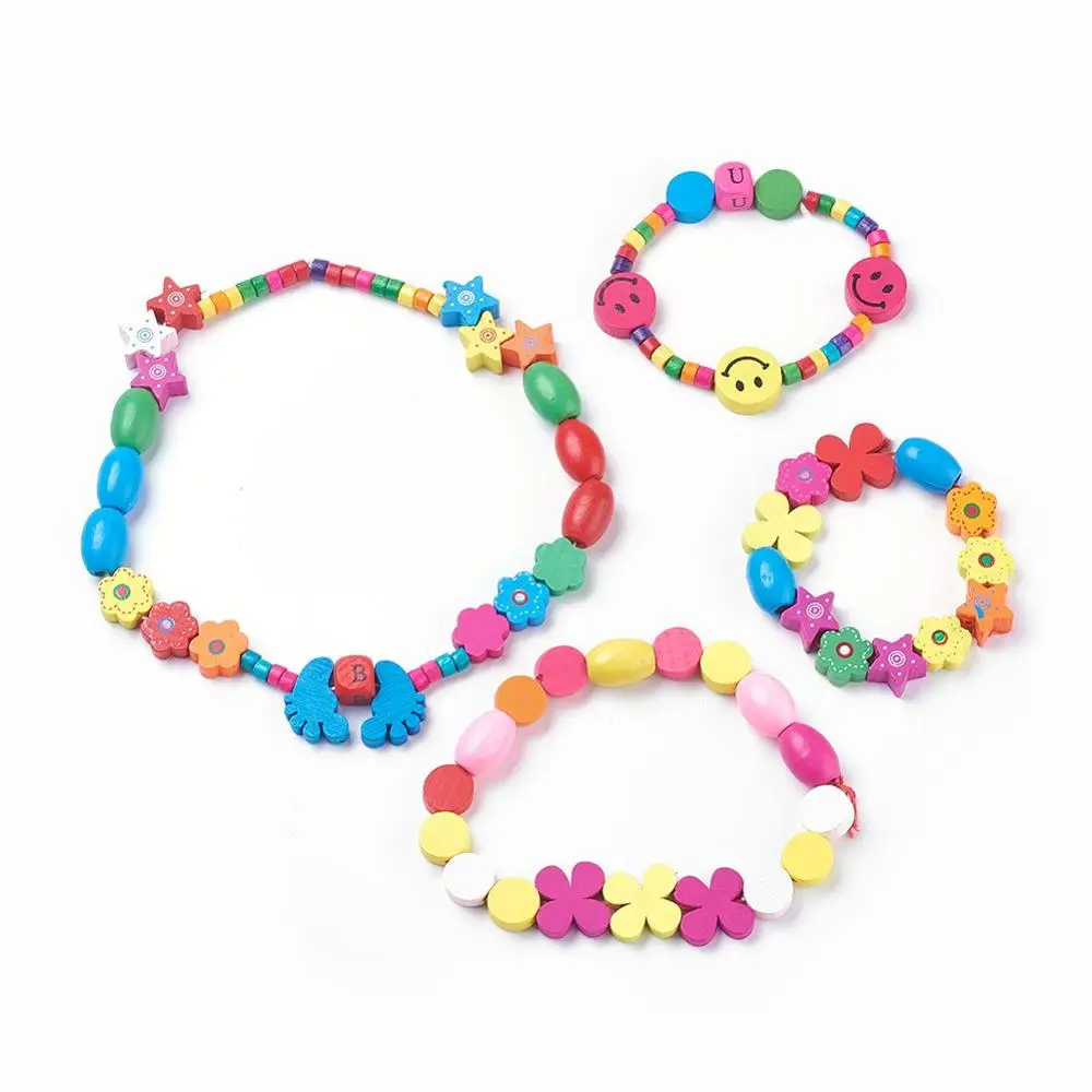 

1Set Dyed Wood Beads for Necklace Bracelet Jewelry Findings Making Accessories Children Kids DIY with Cute Pattern Mixed Shapes