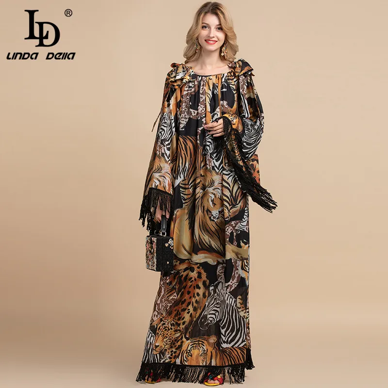 Женское свободное платье макси LD LINDA DELLA винтажное длинное с кисточками и