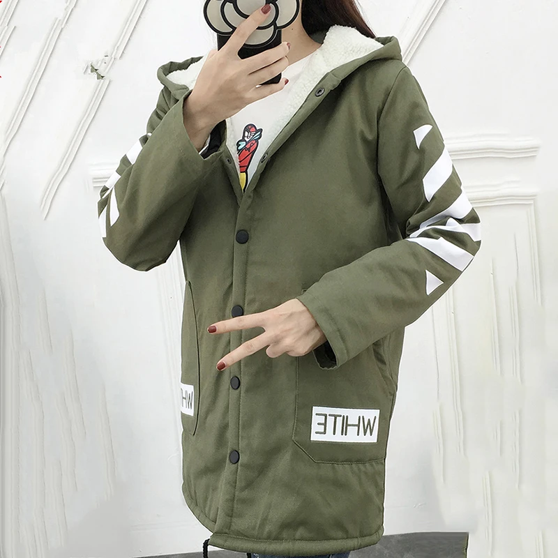 

Fleece S-2XL Thick New Women Cotton Coat Winter Hooded Outerwear Back Letter Print Cartoon Long Coats Female HF202