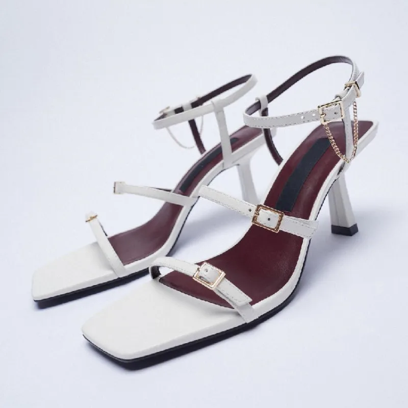 

ZAR 2021 Summer New Beige One Word With Fashion Square Toe High Heels Sexy Buckle Chain Muller Sandals And Slippers Women