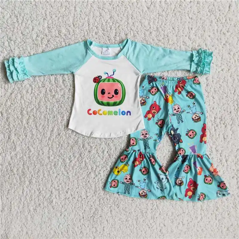 

Hot Sale Boutique Children Baby Girls New Clothing Set Blue Ruffle Sleeves Cartoon Shirt Bells Pants Fashionable Toddler Outfit