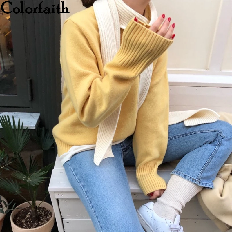 Женский трикотажный свитер Colorfaith теплый Однотонный пуловер свободного покроя в