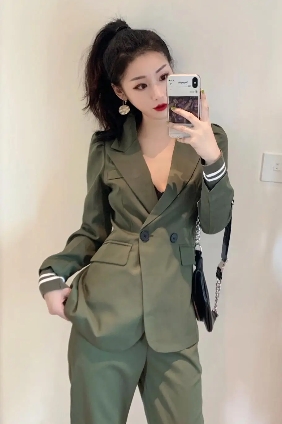 Модные брючные костюмы для женщин осень зима новый стиль армейский зеленый