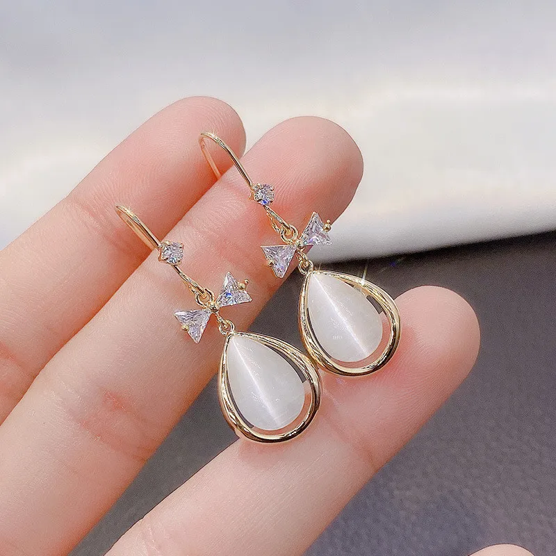 FYUAN серьги в форме капли воды кошачий глаз для женщин бант хрустальные эффектные