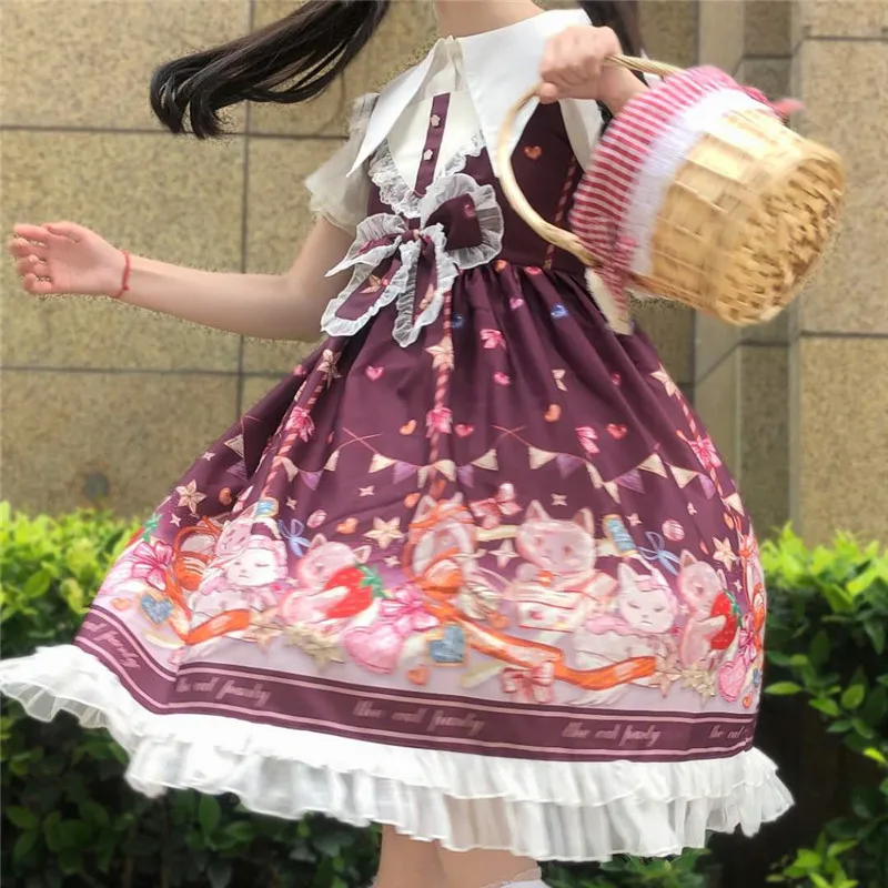 

Princess Lolita cat party big dress swing dress female summer Japanese JSK Sleeveless kawaii girl gothic lolita loli cosplay