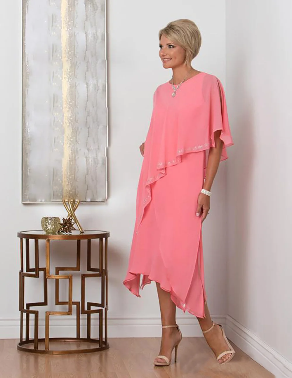 

New Scoop Mother Of the Bride Dress Formal Prom Party Gown Straight Sleeveless Tea-Length Chiffon Custom Zipper