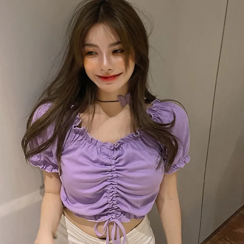 

Women Solid Color Short Blouse Sexy Slash Neck Ruffles Drawstring Fashion Wild Puff Sleeve Crop Tops One Size M