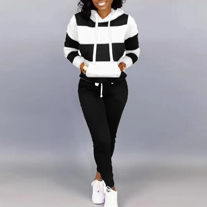 

Spring and Autumn 2-piece Women's Sportswear Hoodie + Pants Women's Warm Suit Ladies Striped Sportswear Jogging Casual Suit