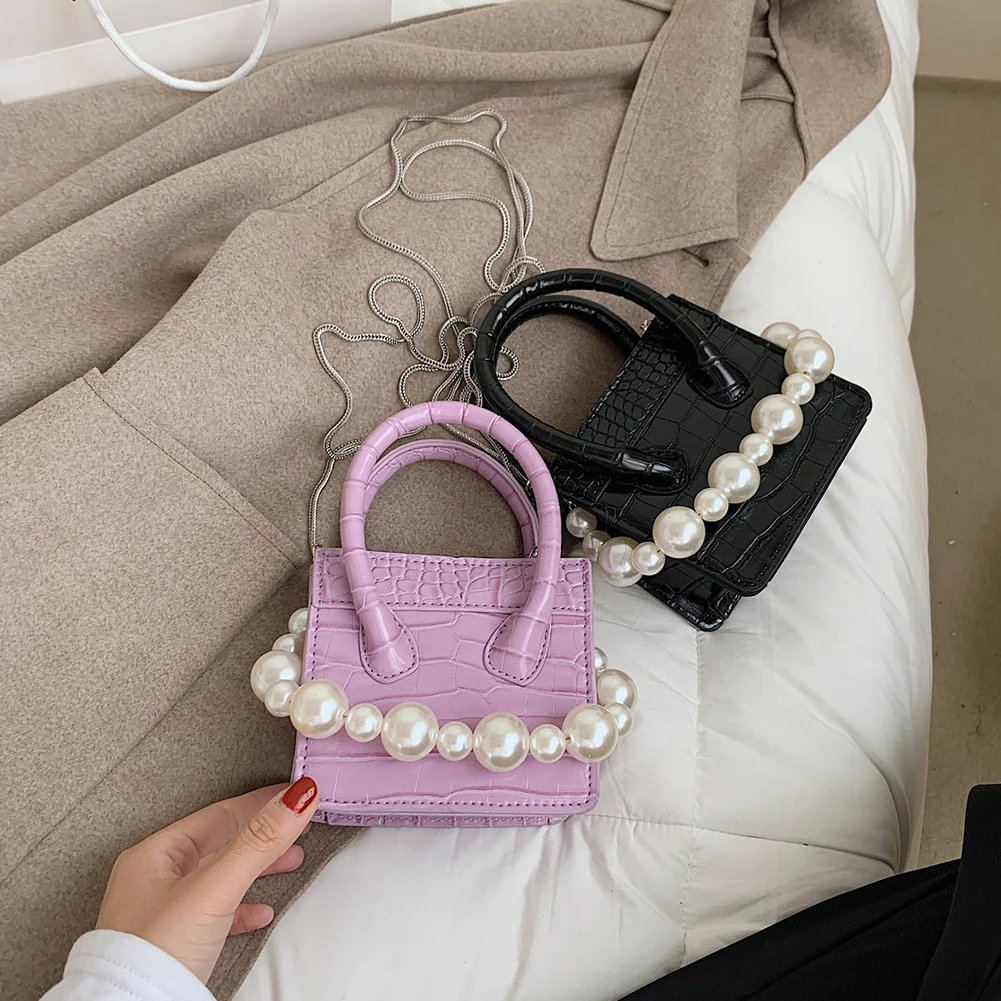 

Миниатюрные Сумки из искусственной кожи с жемчужными ручками, женские повседневные сумки-мессенджеры на плечо с крокодиловым узором и цепо...