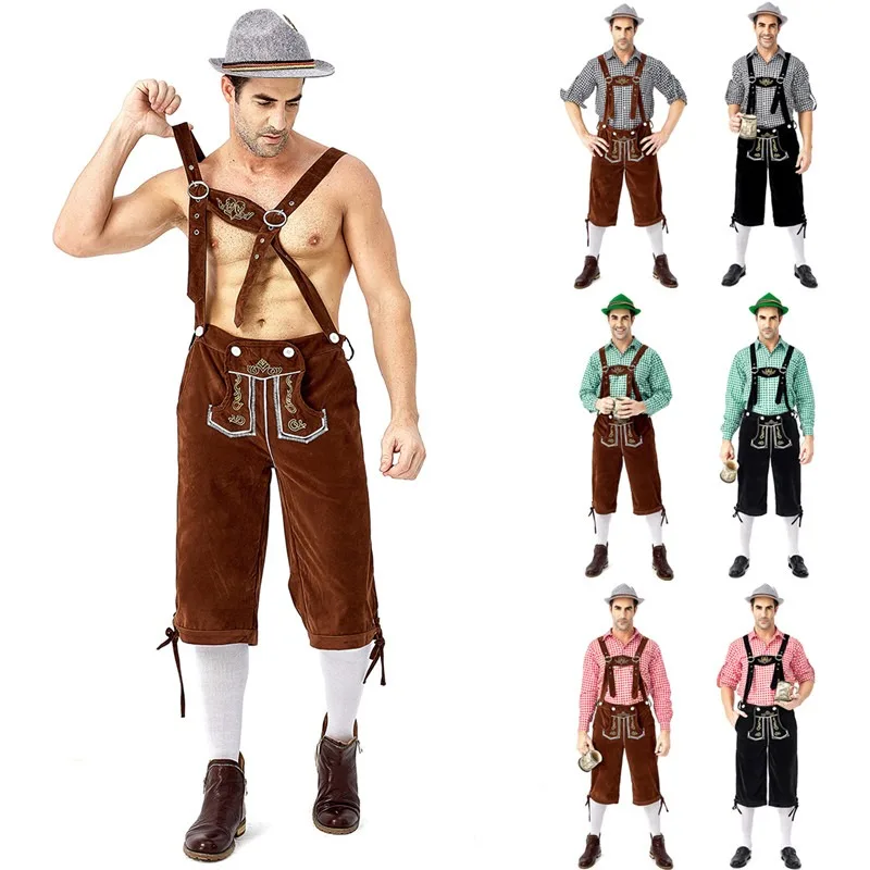 

Костюм мужской на Хэллоуин, одежда для взрослых, немецкие баварские шорты на Октоберфест, рубашка, шапка, подтяжки