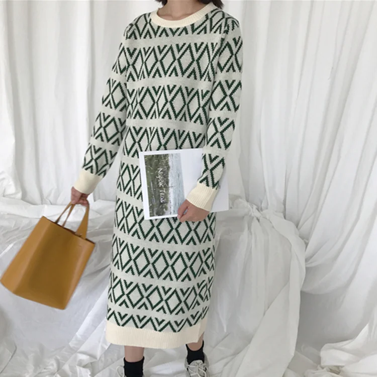 Green Colorfaith, новинка, Осень-зима, женские платья, свободные, модные, вязаные, теплые, геометрические, прямые, повседневные, миди, женское платье, DR619 - Color: Green