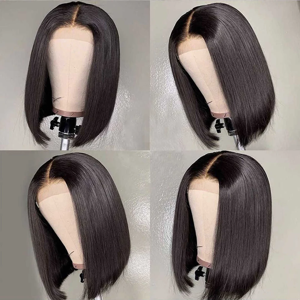 Swag Hair Straight Bob Human Wig 4x4 Lace Closure Pre-Plucked 180% Density Malaysian Natural Color For Woman | Шиньоны и парики