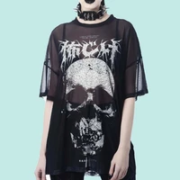 2021 summer fashion new western style mesh cloth sexy perspective skull printing solid color round neck summer t shirt