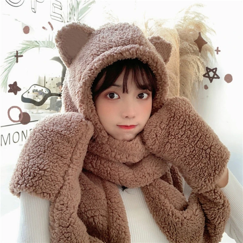 

Women Fluffy Plush Winter Warm 3 in 1 Cat Ears Hooded Hat Scarf Glove Set My05 21 Dropshipping