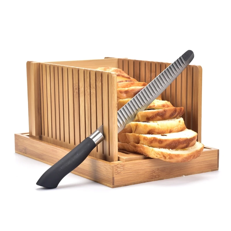 

Foldable Bamboo Wood Bread Slicer Cutter Toast Loaf Cutting Guide Slicing Maker for Cakes Bagels