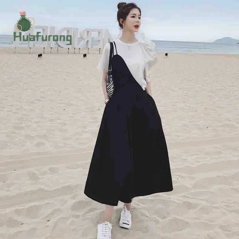 

White French Design White and Black Dress Two-piece Female Summer 2021 New Small Puff Sleeve T-shirt and Long Black Dress