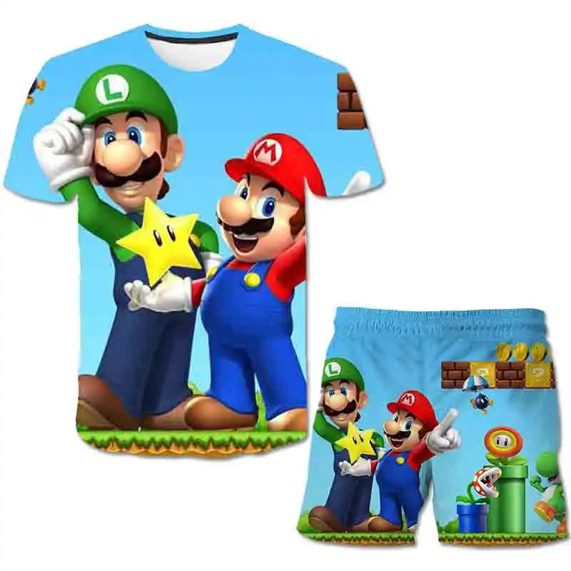 

2021 Baby Boys TShirt Hot Games Mario-bros Tshirts Suits Children's Clothing Sets T-shirt & Shorts Girls Boys Clothes Suit 4-14Y