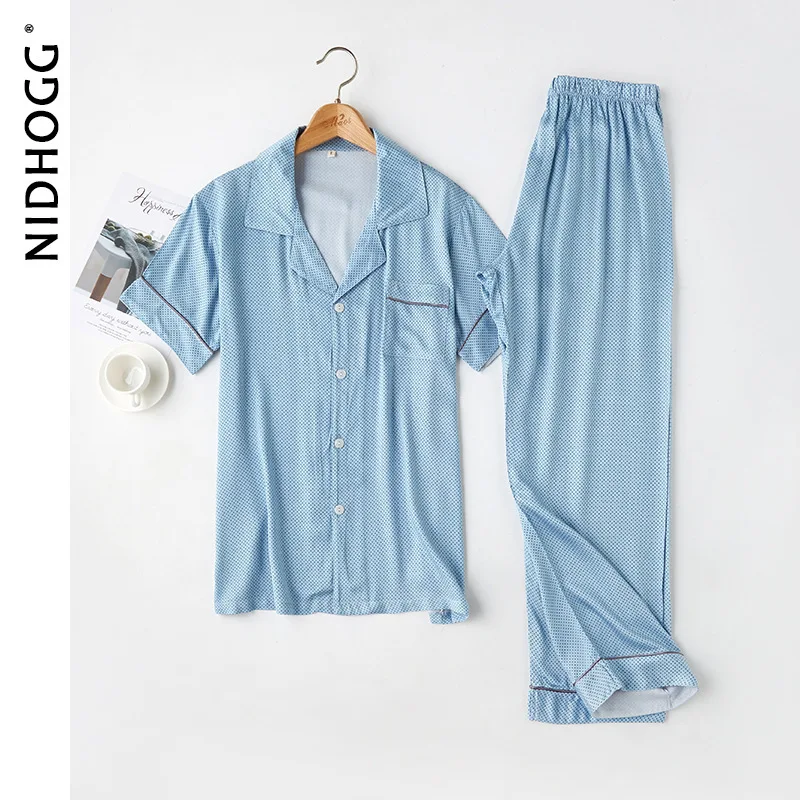 2020 Мужская атласная синяя Пижама с коротким рукавом Брюки кардиган роскошная
