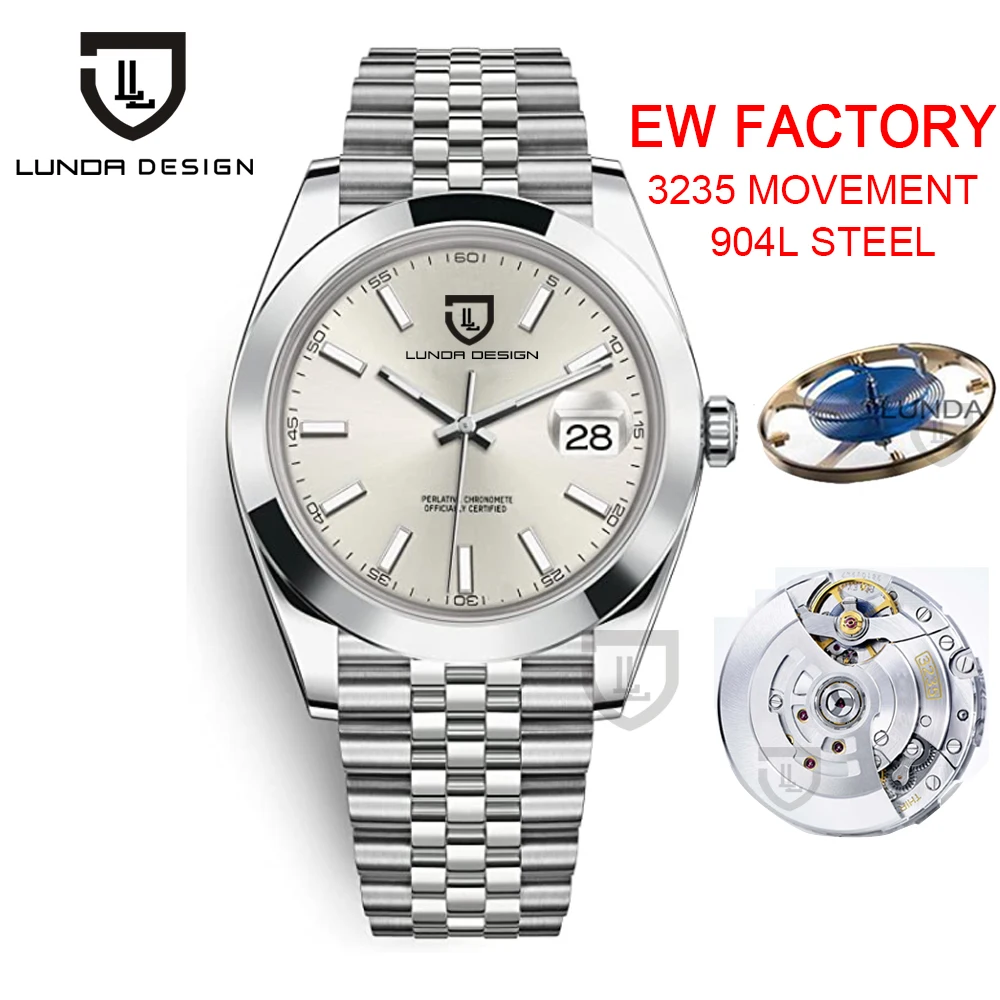 

LUNDA Design EW Factory Luxury Crown Classic Date ETA 3235 Automatic Sapphire Crystal 904L Jubilee Bracelet Steel Smooth Bezel
