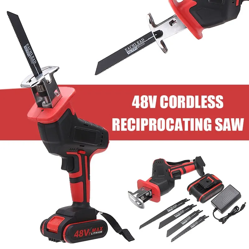 48V Portable Electric Reciprocating Saber Saws Cordless Logging Chainsaw With 4 Saw Blades 1 Battery Power Cutting Tool