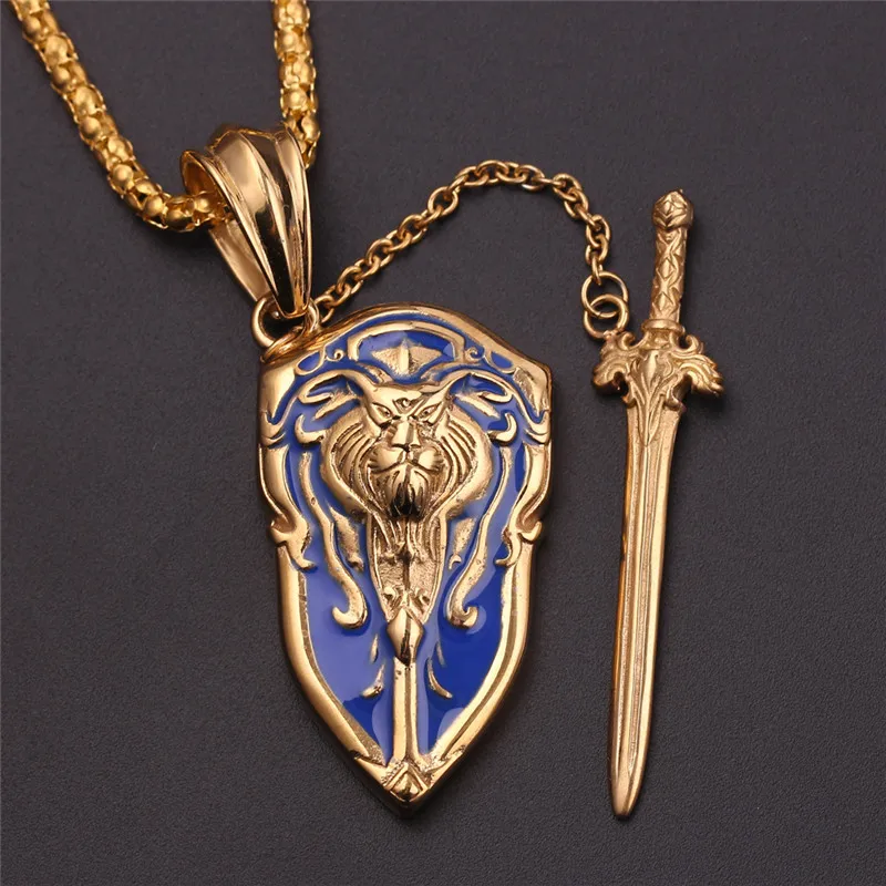 Винтажные игра ожерелье для мужчин ювелирные изделия Лев щит меч Подвески золото