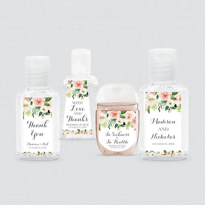 

Персонализированная дезинфицирующая наклейка для рук с розовыми цветами, с принтом румян, розовых и белых цветов на свадьбу, с этикетками н...