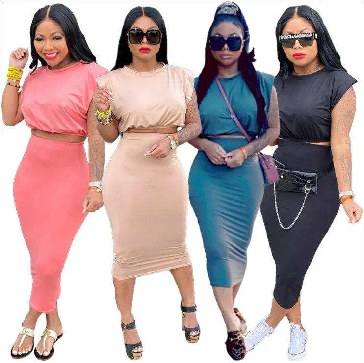 

Однотонная сексуальная модная футболка из двух частей без рукавов с наплечниками, подходящий ко всему Повседневный цельный комплект с юбко...