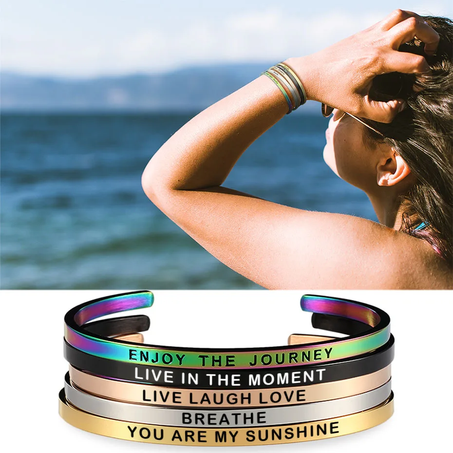 

10pcs Stainless Steel Customized Engraved Positive Inspirational Quote Hand Imprint Cuff Mantra Bracelet Bangles for Man Women