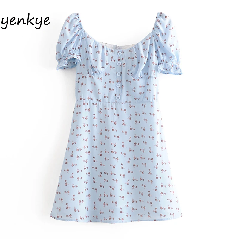 

Sweet Floral Print Dress Women Vintage Short Sleeve A-line Mini Summer Chiffon Dress Short vestidos OMZZ6911