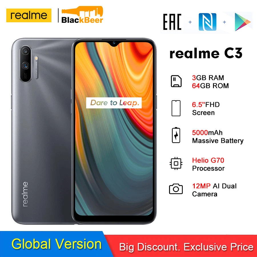 Перейти на Алиэкспресс и купить Realme C3 Android 10 смартфон 6,52 дюйммини-дисплей 3 Гб 64 Гб Helio G70 мобильный телефон 12MP AI камера 4G мобильный телефон 5000 мАч NFC